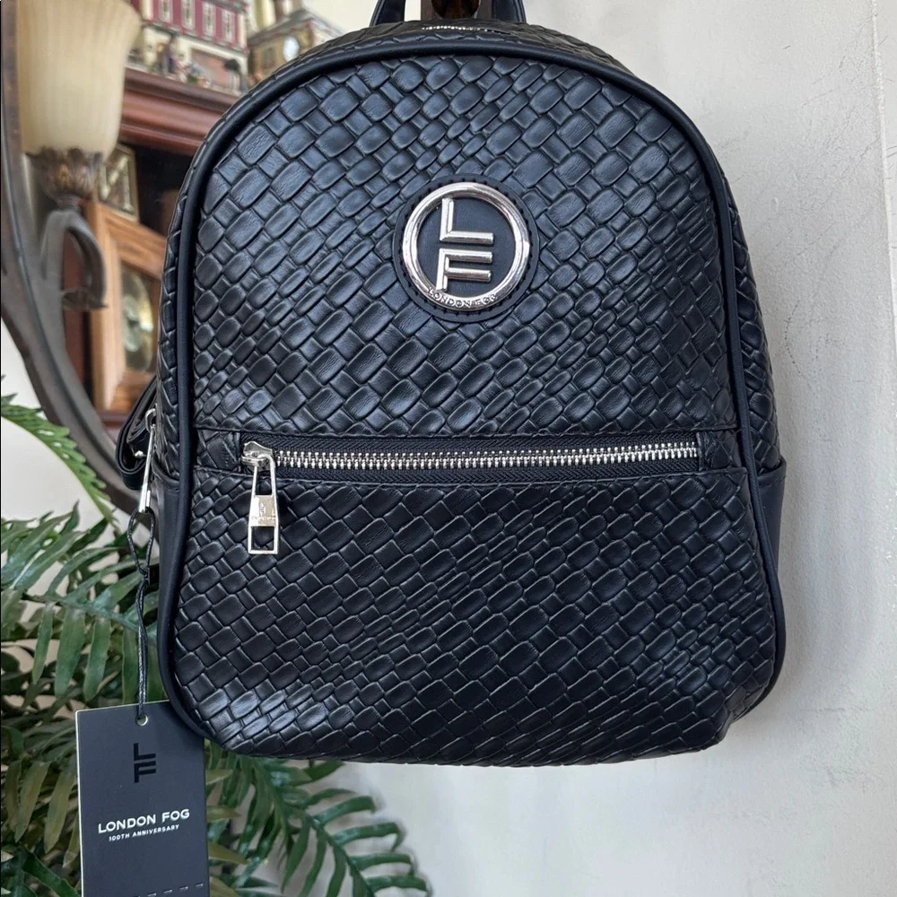 Brand New London Fog Bowery Medium Size Woven Zip Backpack Black Vegan Leather